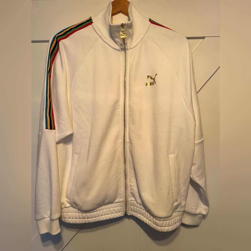 Women’s size large rainbow and white Puma full zip track jacket with gold detail